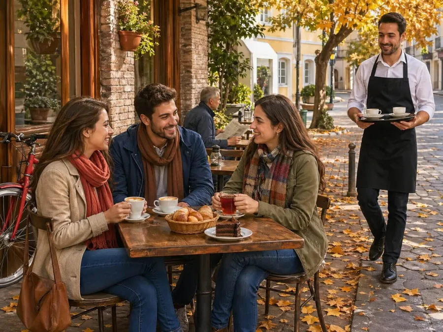 Exam-style photo prompt: three friends at an outdoor café table in autumn, a waiter approaching with coffee