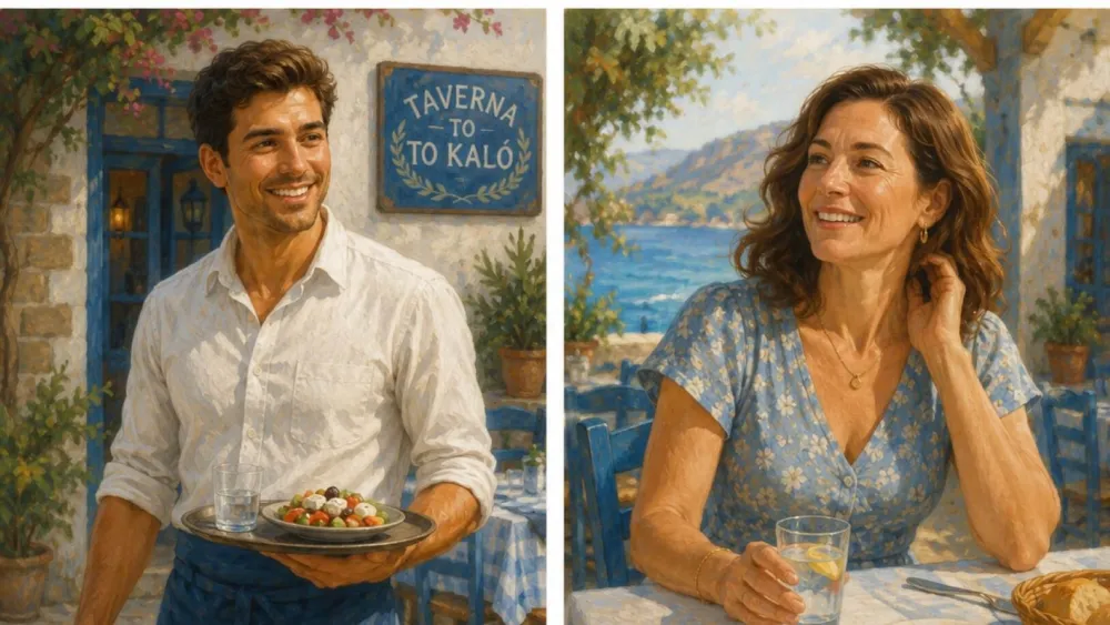 A taverna scene: a waiter carrying a plate of olives and a guest at a table by the sea